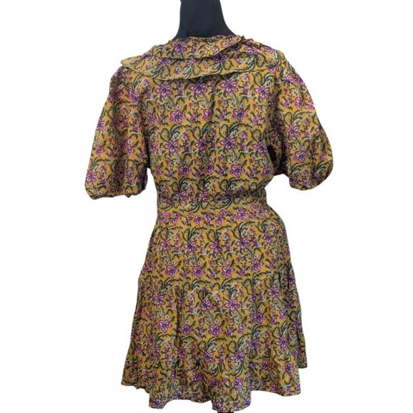 RAHI Anthropologie Floral Ruffle Mini Dress L Yellow Cotton Sleeve Cottagecore - Picture 7 of 7